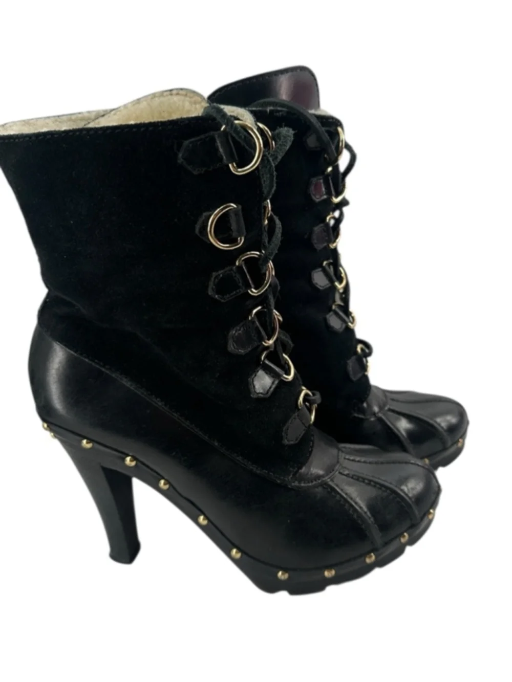 Michael Kors winter warrior clog boots Black leather shearling lined heeled sz 8